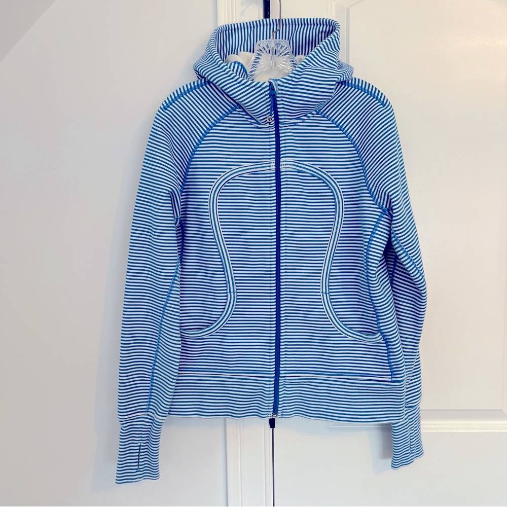 Lululemon blue and white striped scuba zip hoodie, size 12
